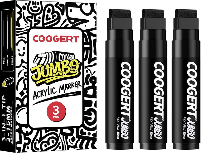 Coogert 3Pcs Black Jumbo Poster Markers, 15MM Thick Permanent Acrylic Graffiti Markers, Wide Tip Paint Marker for Canvas, Posters Board, Fabric, Window, Glass, Wood, Teachers,Banner painting supplie - Image 1